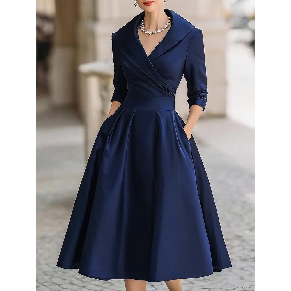 Mooyius Navy Satin Midi Dress XL NWT Vintage Style Draped Collar Wedding Guest